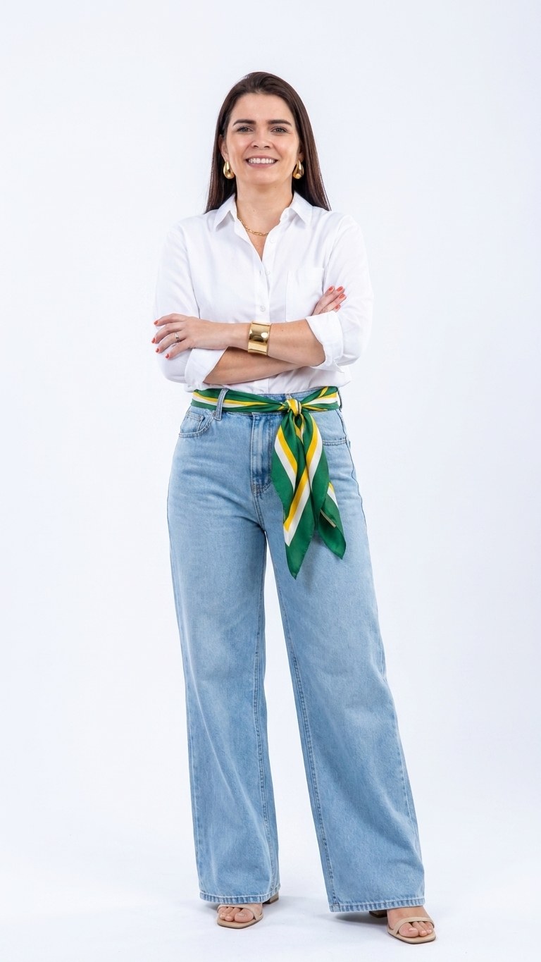 Ejemplo de combinación con camisa blanca, jeans y pañuelo